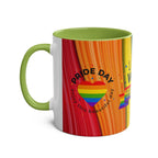 LGBTQ+ Pride Mug with vibrant rainbow design, ceramic, glossy finish, supports equality.