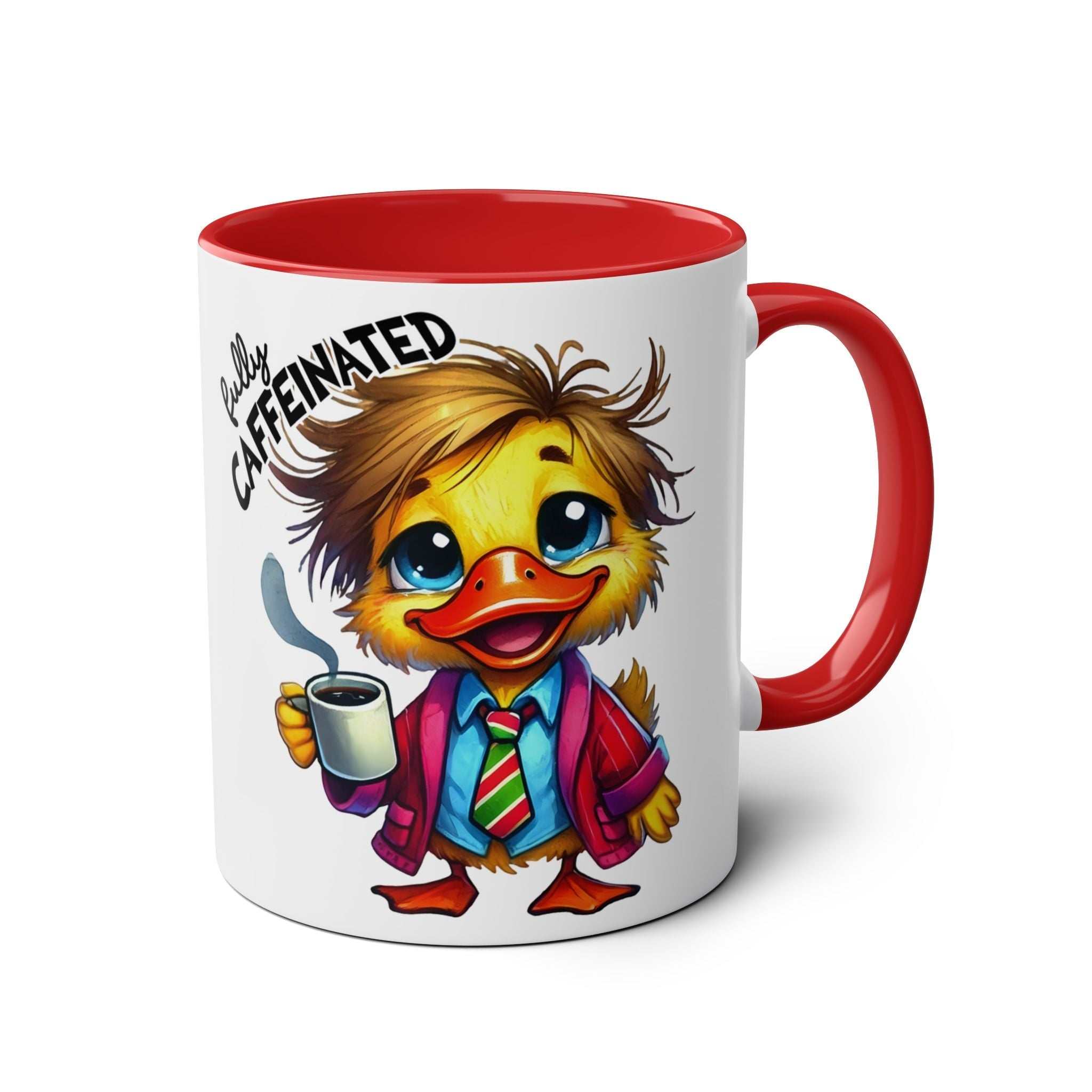 Fun Sarcastic Coffee Mug with colorful duck cartoon and humorous text, red handle, glossy finish.