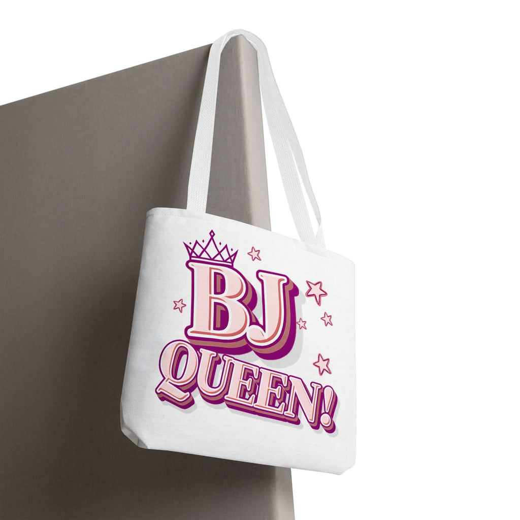 BJ Queen Tote Bag with cheeky design, durable spun polyester, and colorful handles in three sizes