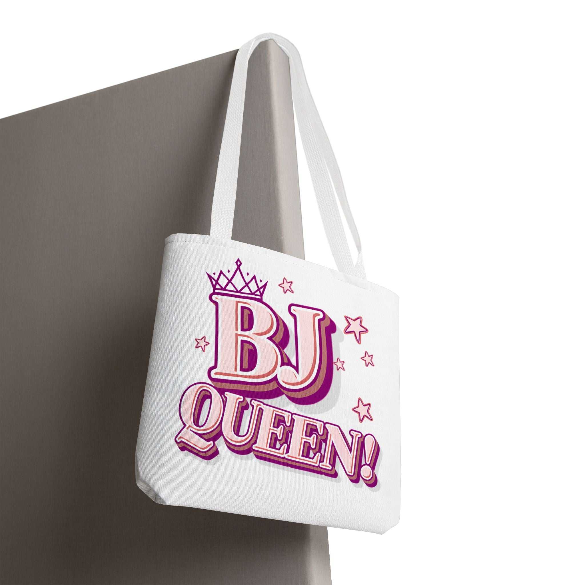 BJ Queen Tote Bag with cheeky design, durable spun polyester, and colorful handles in three sizes