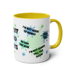 Fathers Day Gift Mug with fun dad quotes in colorful design, yellow handle, glossy finish, 11oz ceramic.