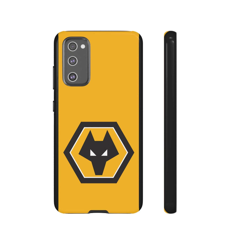 Wolves FC magnetic Samsung case in gold and black with official-inspired crest, dual layer protection, and wireless charging compatible