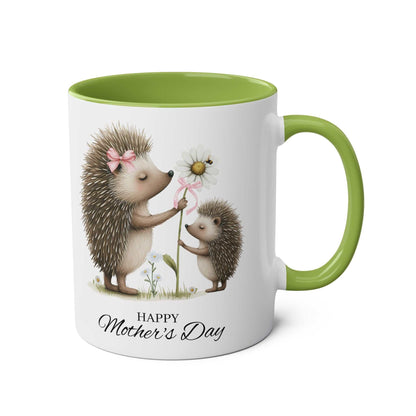 Cute hedgehog design Mother's Day gift mug with green interior.