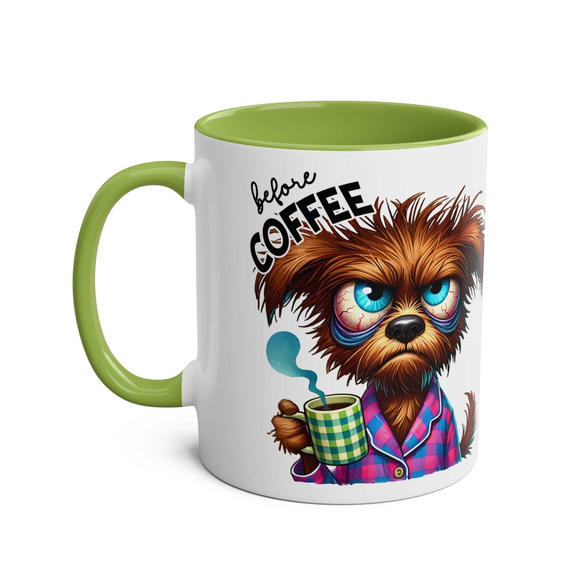 Fun Sarcastic Coffee Mug with humorous design featuring a grumpy cartoon dog holding a mug, glossy finish, green handle