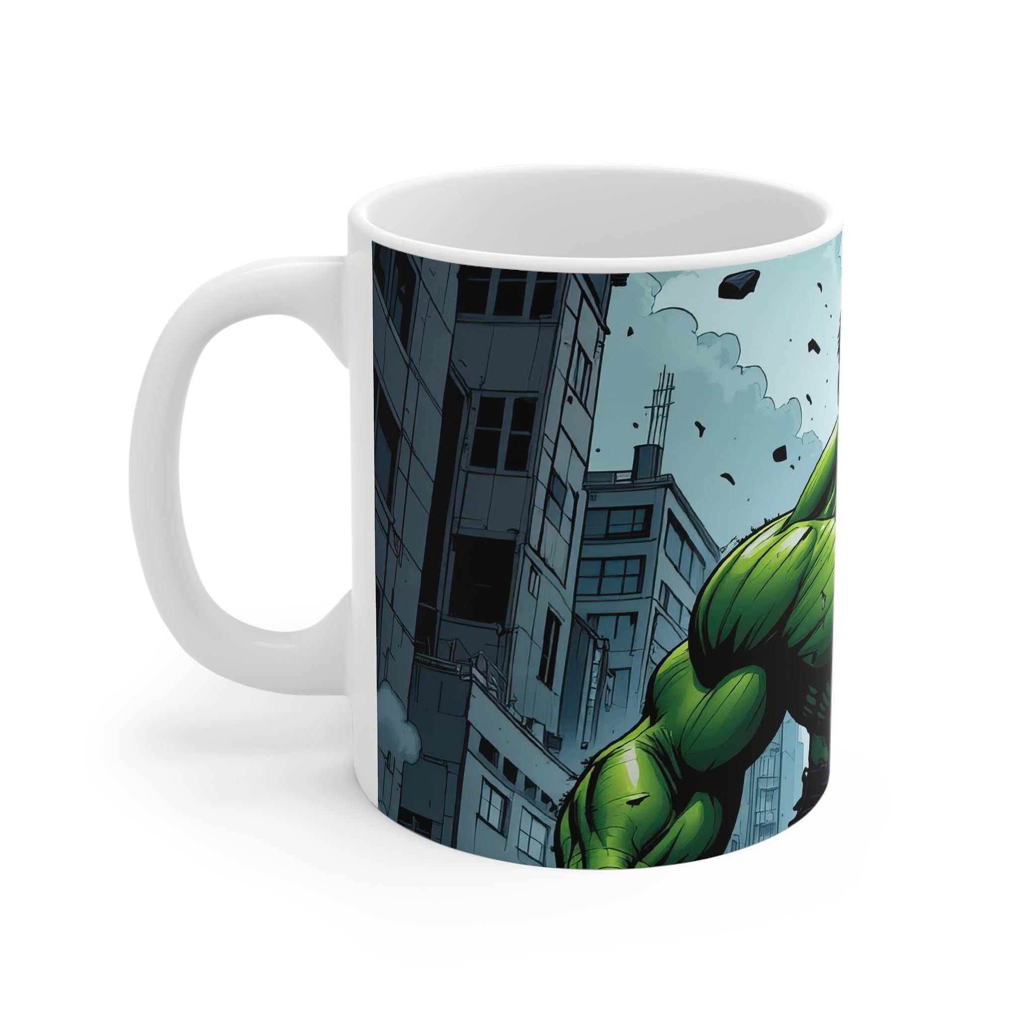 Hulk themed superhero coffee mug with vibrant comic design and glossy finish on white ceramic
