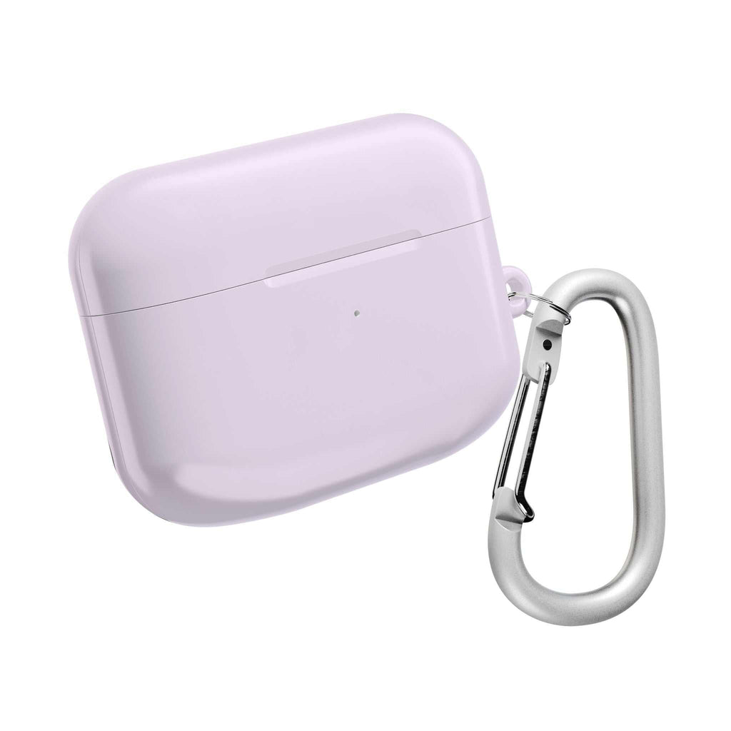 Lavender AirPods protective case with hard shell, glossy finish, lightweight design, and silver carabiner clip for scratch and drop protection.
