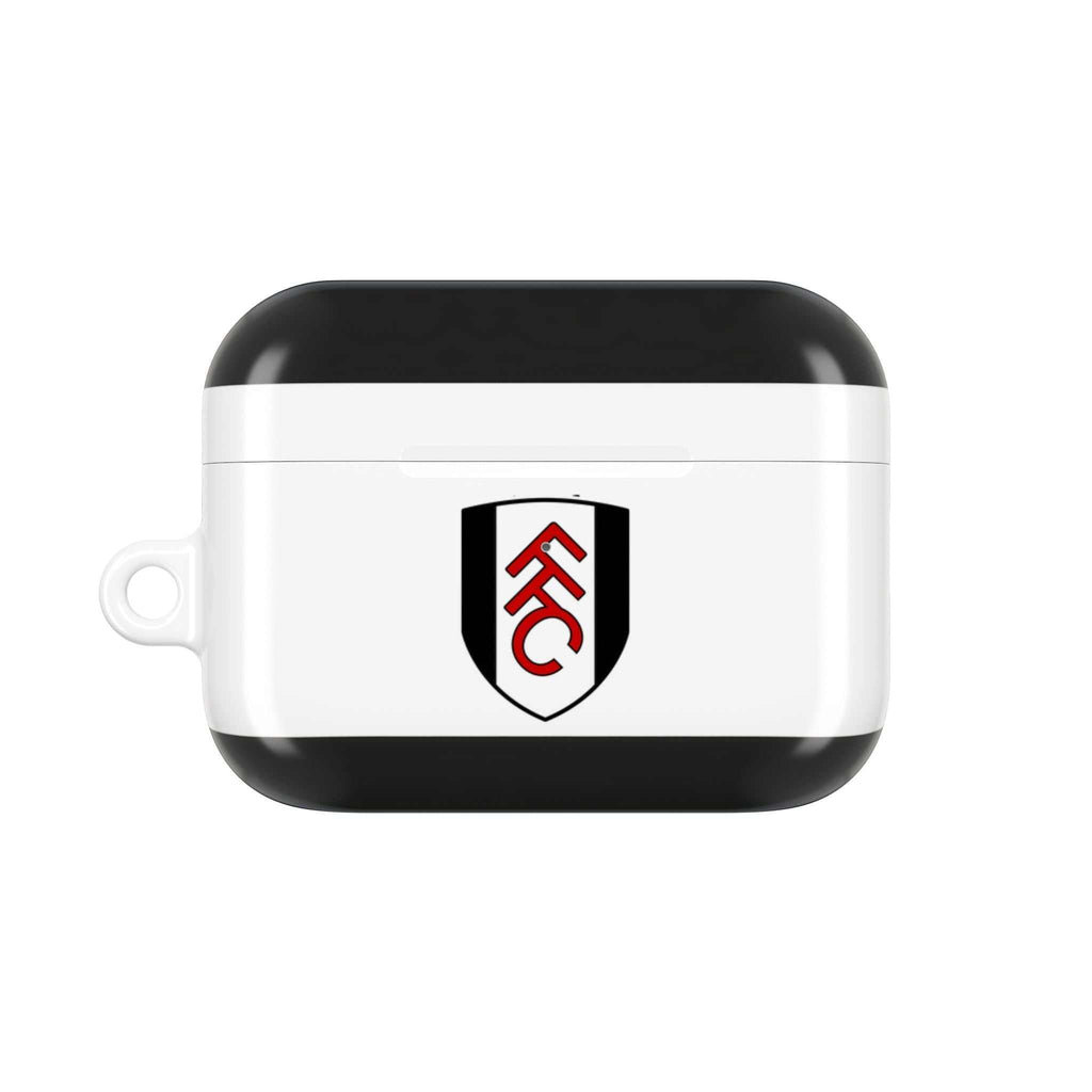 Fulham FC AirPods protective case with black and white club crest, shock-resistant and wireless charging compatible