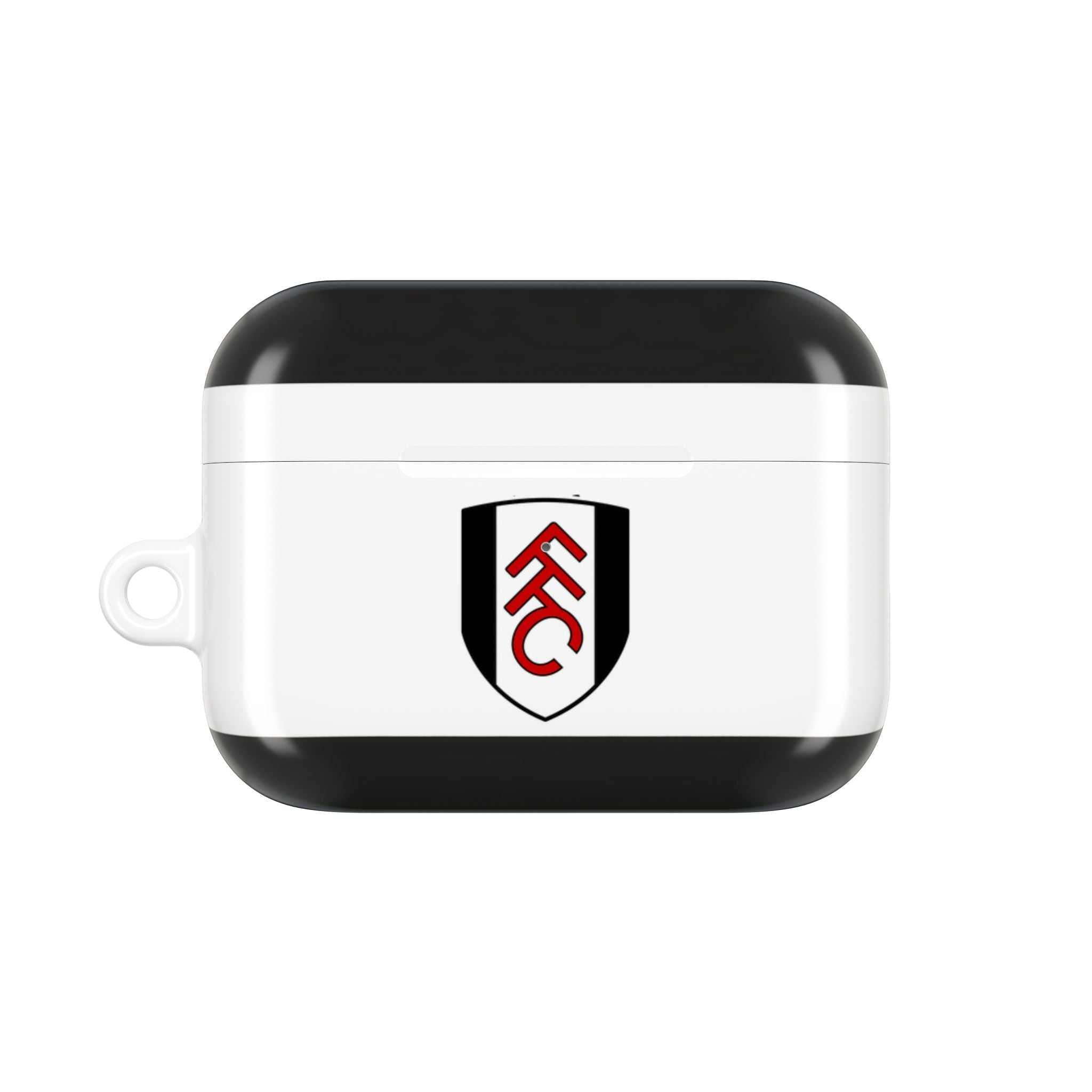 Fulham FC AirPods protective case with black and white club crest, shock-resistant and wireless charging compatible