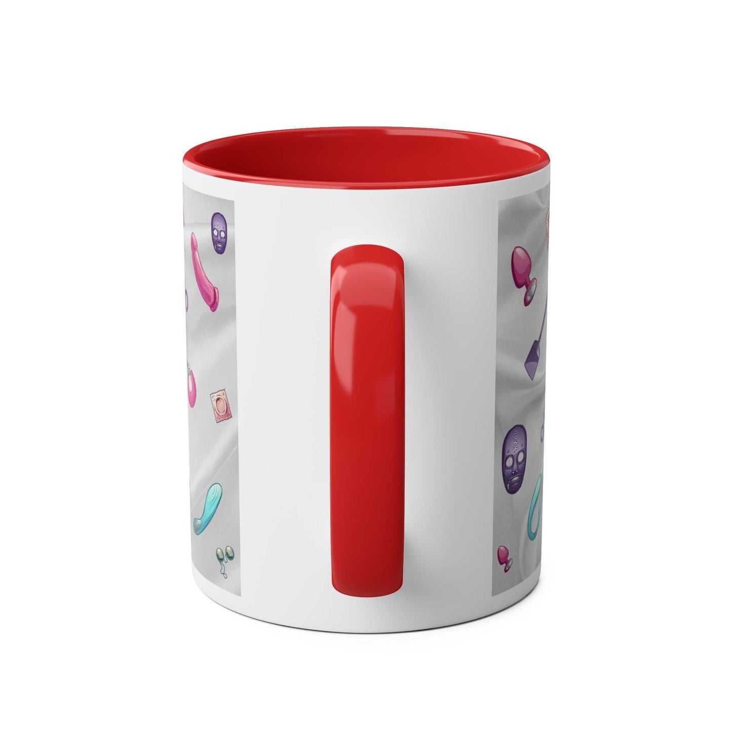 Fun Sex Toy Coffee Mug with playful design, 11oz ceramic, red handle, glossy finish.