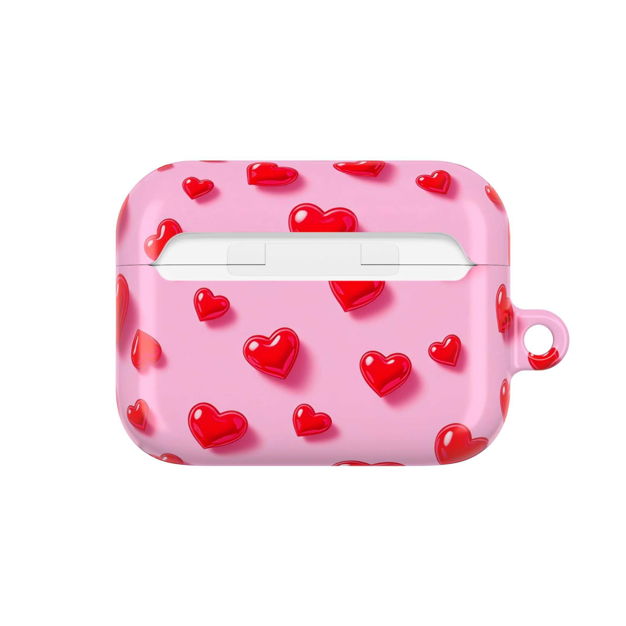 Pink Hearts AirPods protective hard shell case with red heart pattern and glossy finish