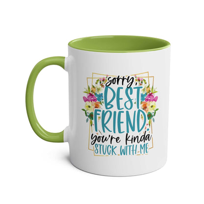 Best Friend Coffee Mug with floral design, 11oz ceramic, available in 7 colors, glossy finish.