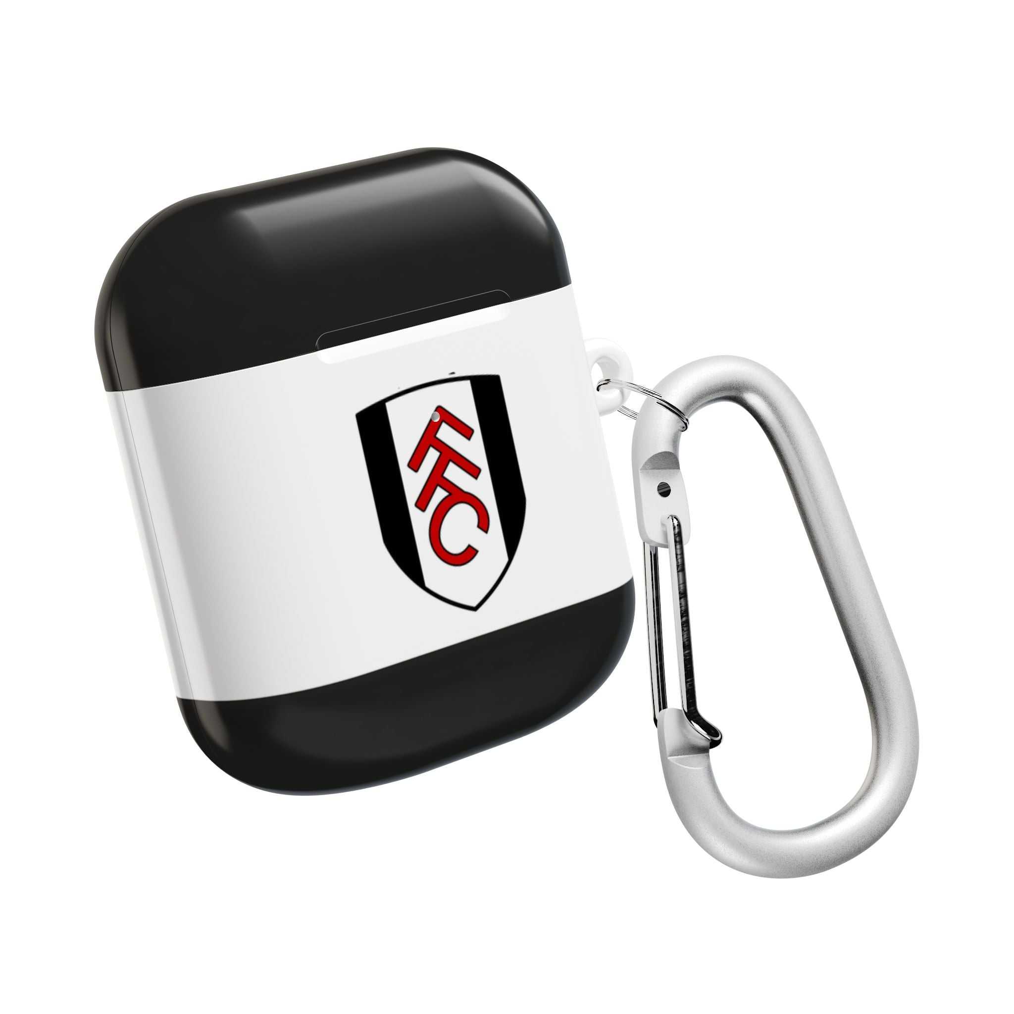Fulham FC AirPods protective case with club crest and black-white design, shock-resistant, compatible with wireless charging
