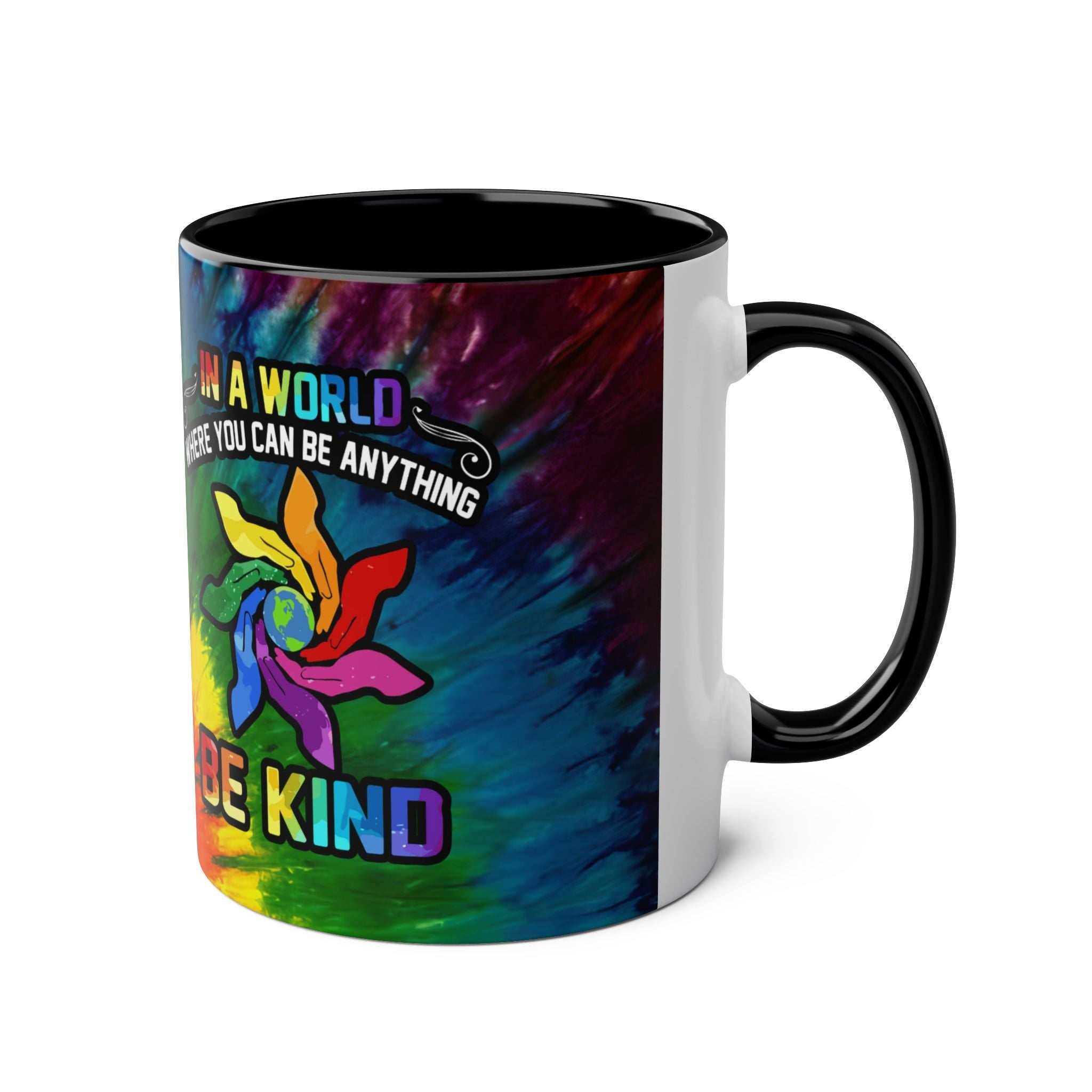 LGBTQ+ Pride mug with vibrant rainbow design, glossy finish, and inspirational message.