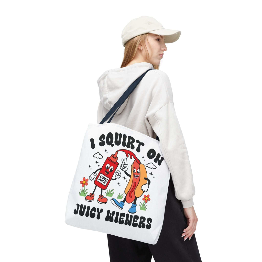 I Squirt On Juicy Wieners Fun Tote Bag with cheeky hot dog print and durable straps
