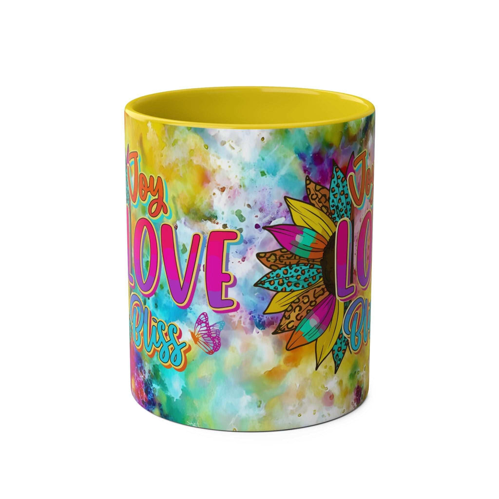 LGBTQ+ Pride Mug with vibrant rainbow design and yellow interior, high-quality ceramic.