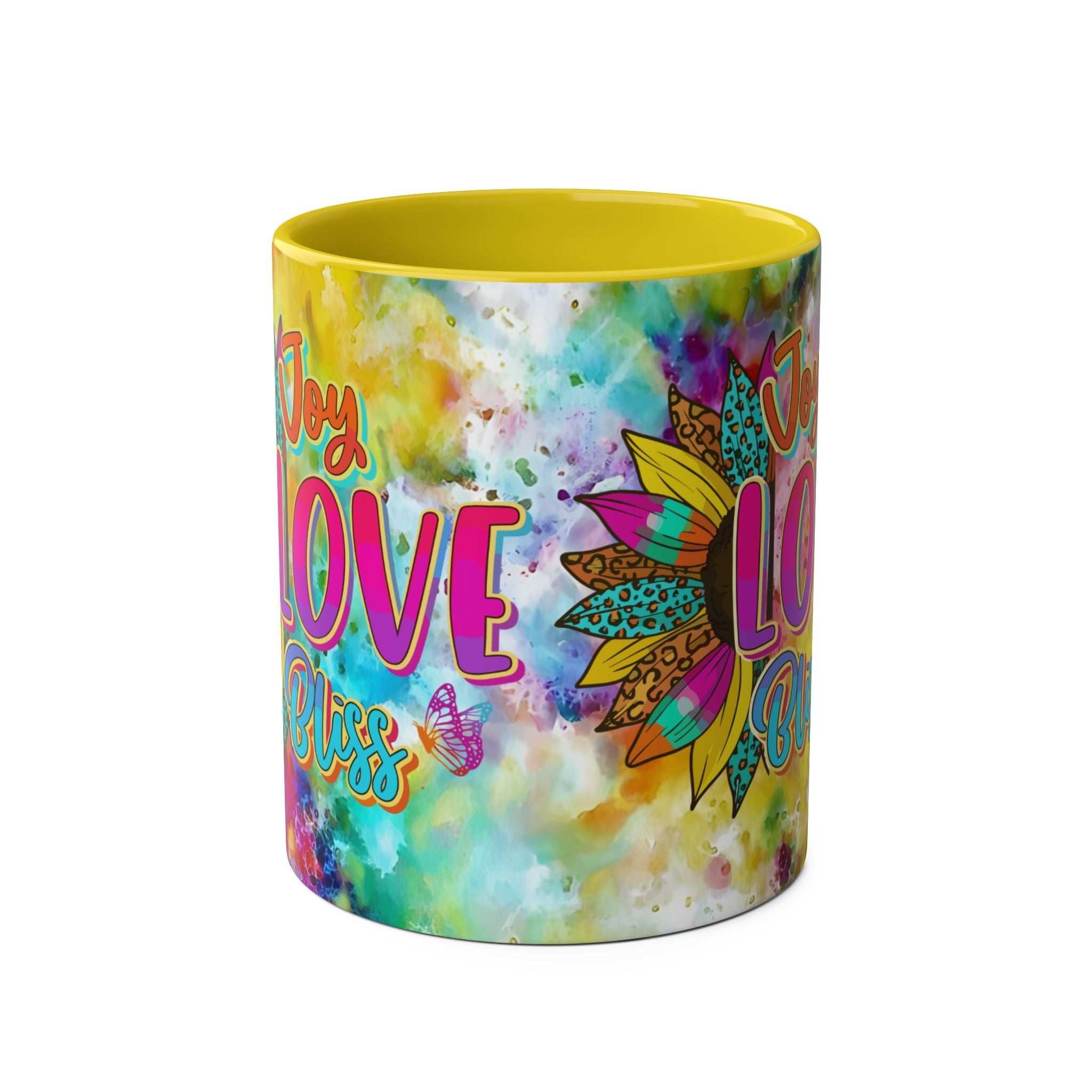LGBTQ+ Pride Mug with vibrant rainbow design and yellow interior, high-quality ceramic.