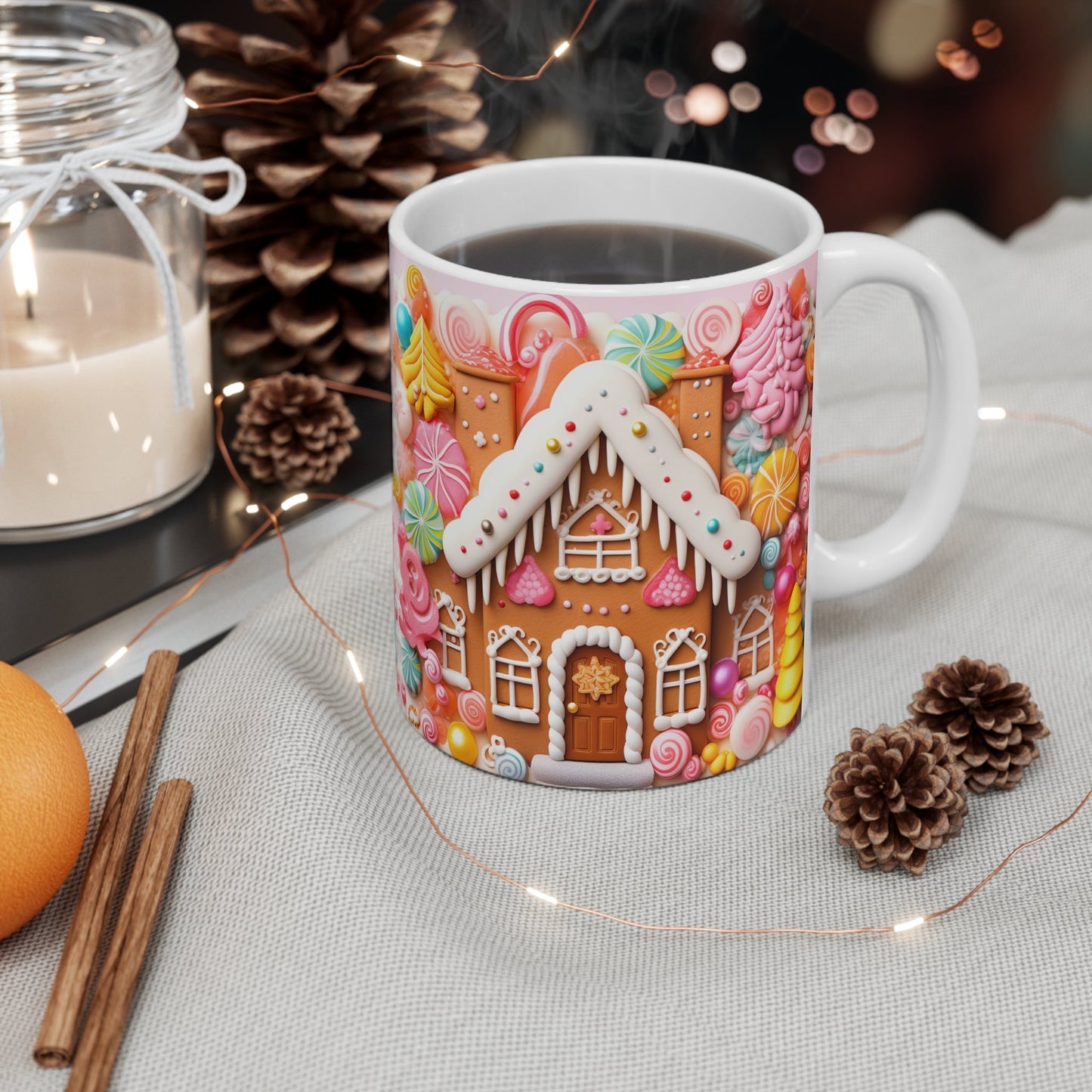 Gingerbread House Christmas Mug with festive design, sublimation print, glossy finish, 11oz ceramic, microwave and dishwasher safe.