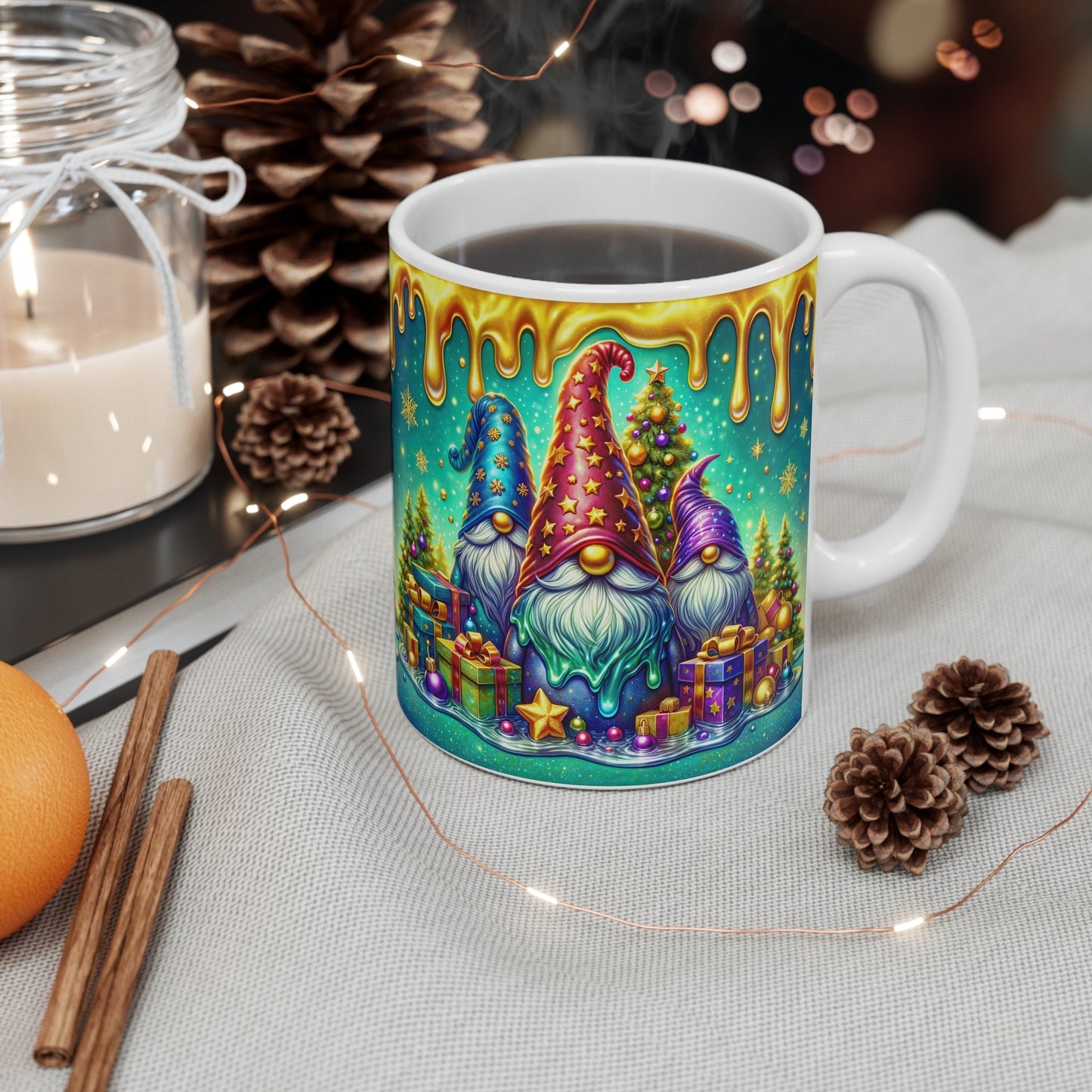 Christmas gnome mug with colorful festive design, ideal for hot beverages.