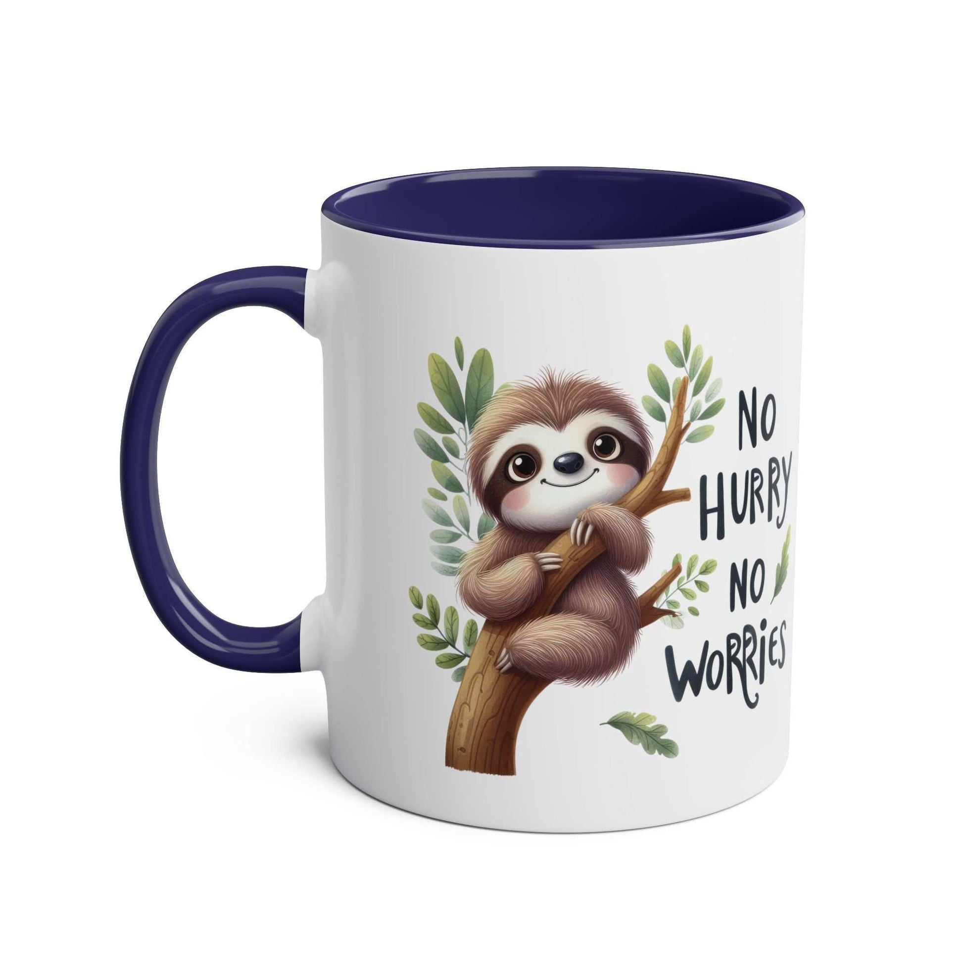 Cute sloth coffee mug with "No Hurry No Worries" design, perfect for animal lovers.