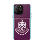 Burnley FC MagSafe iPhone case in claret and blue with club crest, durable dual-layer protection, and MagSafe compatibility.