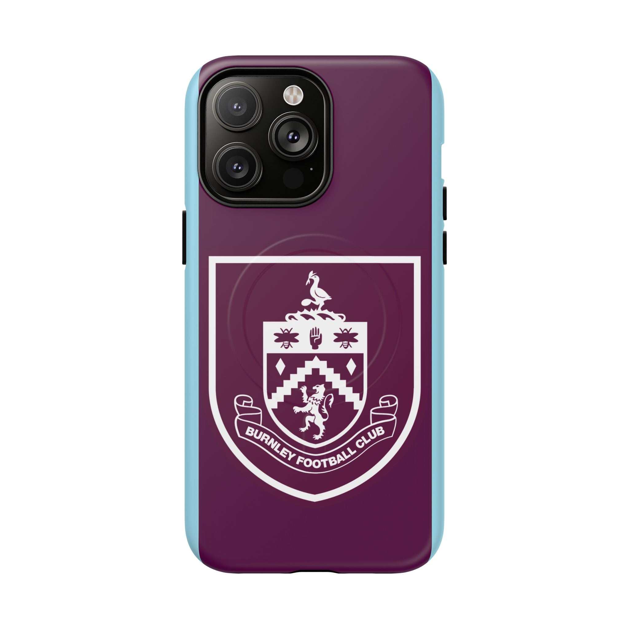 Burnley FC MagSafe iPhone case in claret and blue with club crest, durable dual-layer protection, and MagSafe compatibility.