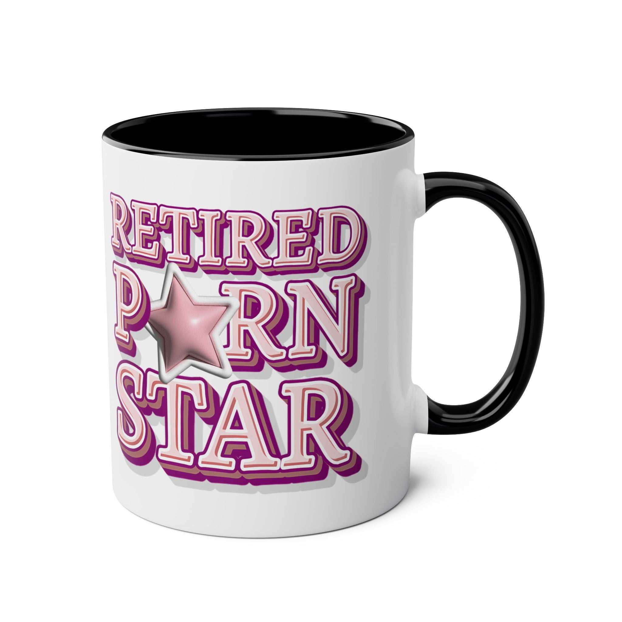 Retired Porn Star Mug with bold, cheeky text on colorful ceramic cup for humorous gift