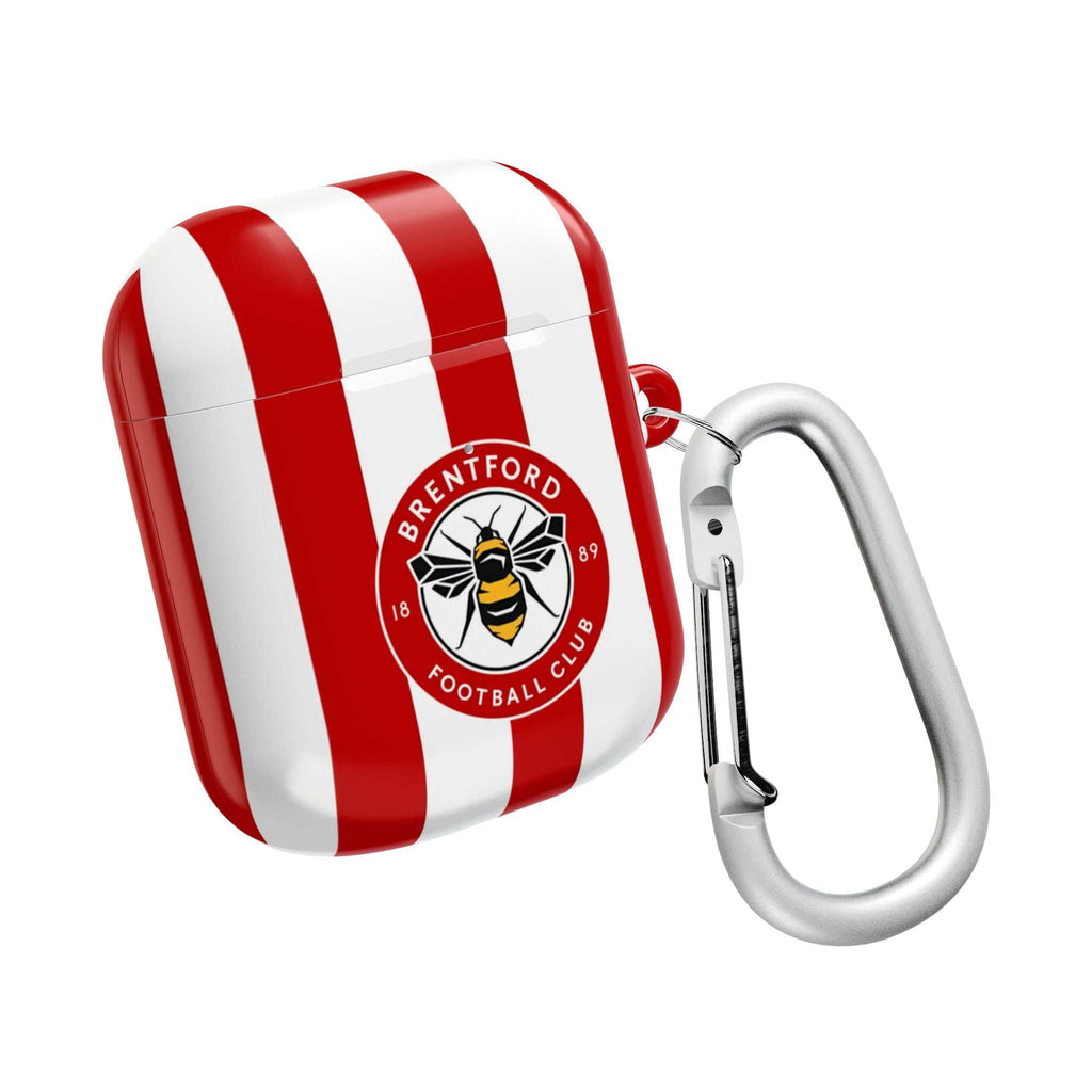 Brentford FC AirPods protective case with red and white stripes and bee crest, shock-resistant and wireless charging compatible.