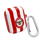 Brentford FC AirPods protective case with red and white stripes and bee crest, shock-resistant and wireless charging compatible.