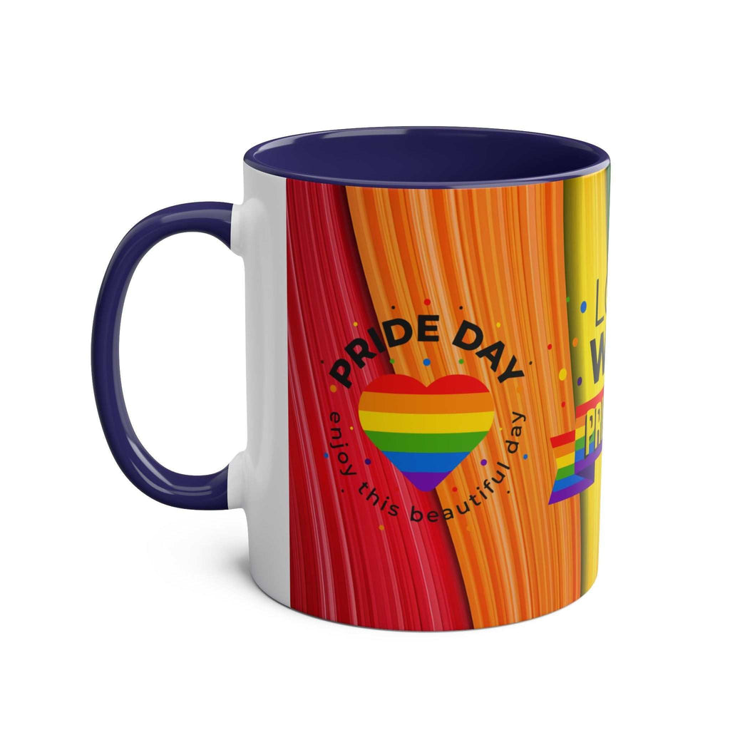 LGBTQ+ Pride mug with colorful rainbow design and heart, ceramic, 11oz, glossy finish.