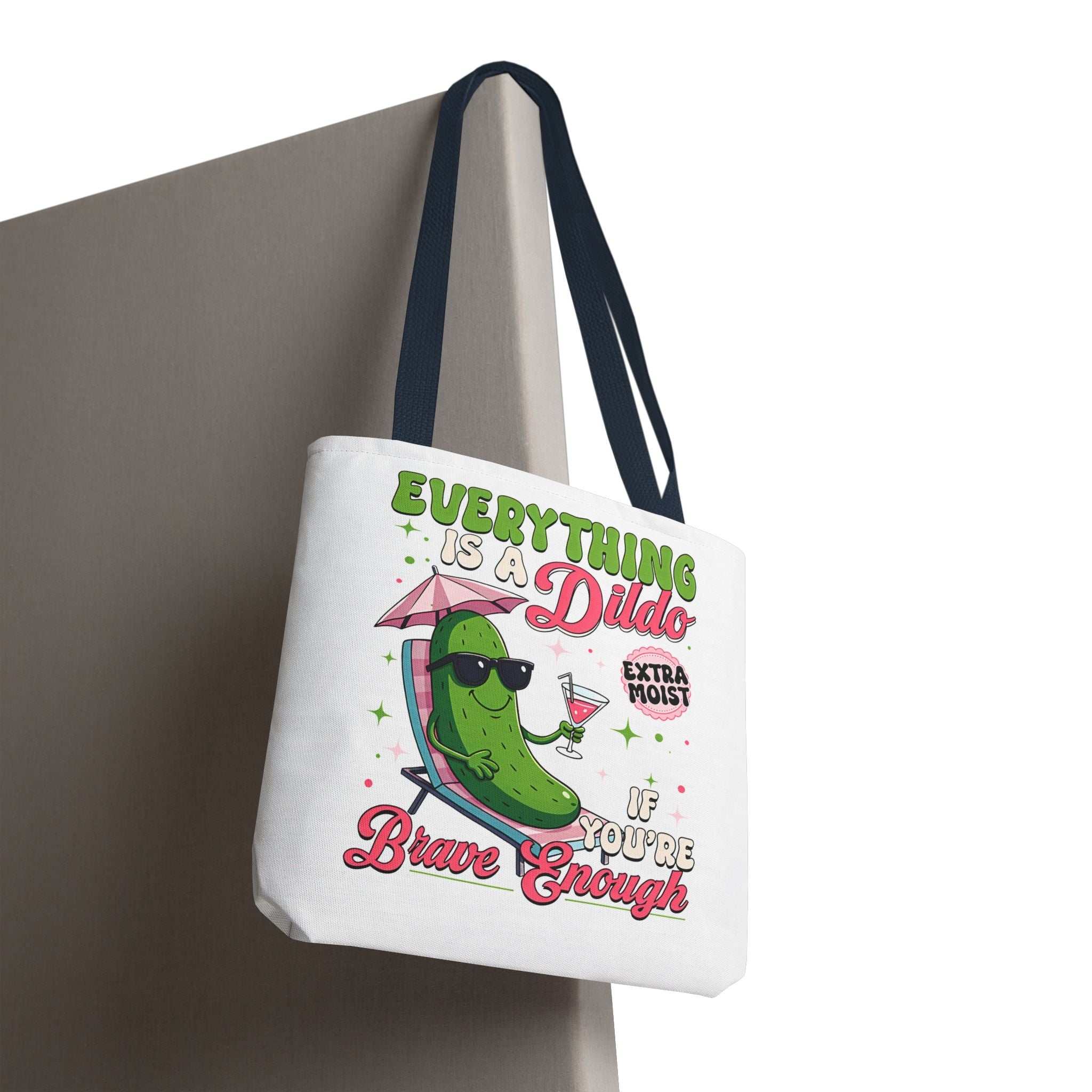 Cheeky Quote Pickle Tote Bag with fun design and colorful handles made from durable spun polyester
