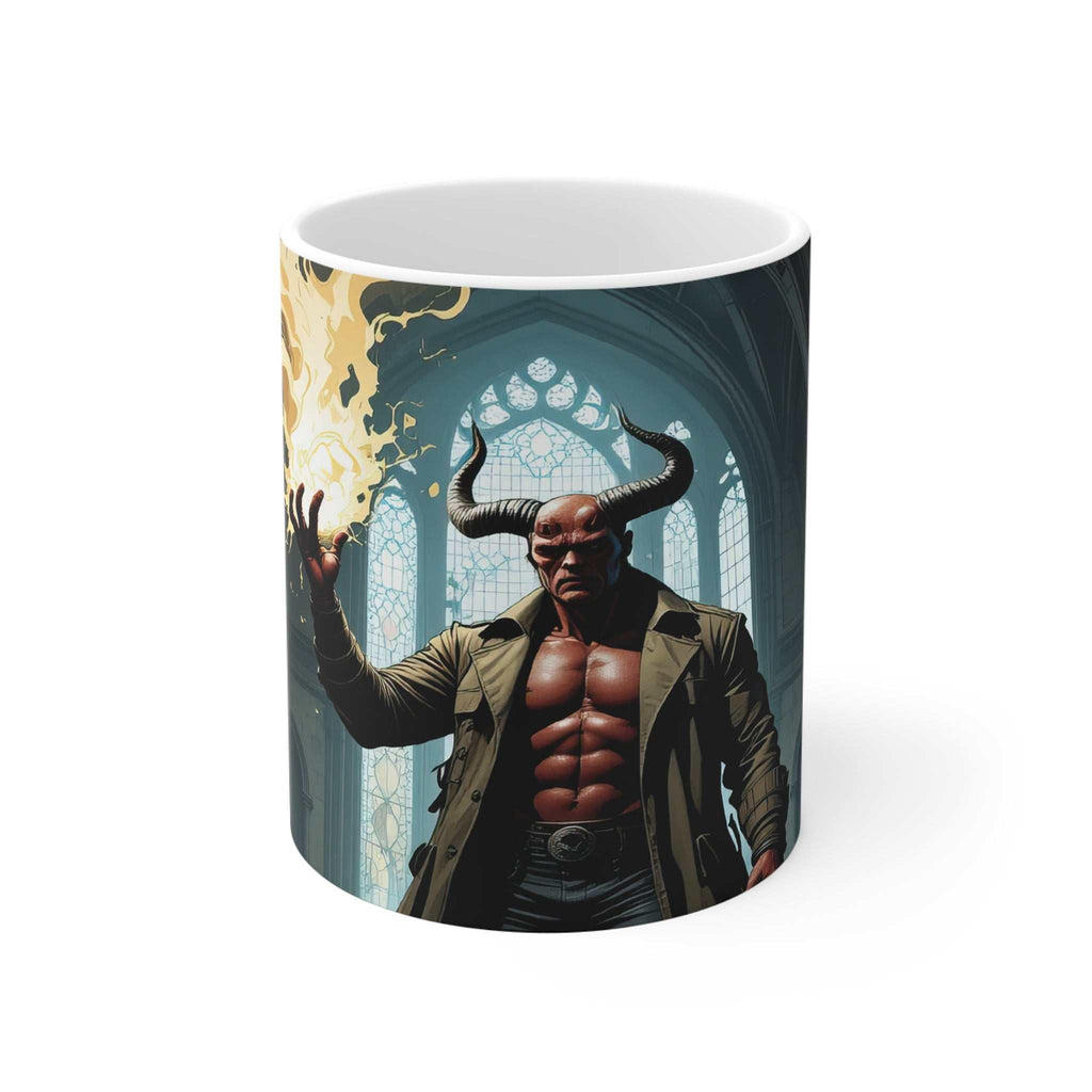 Mystical Hellboy inspired ceramic mug with glossy finish featuring demon hero holding flame in gothic window background