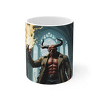 Mystical Hellboy inspired ceramic mug with glossy finish featuring demon hero holding flame in gothic window background