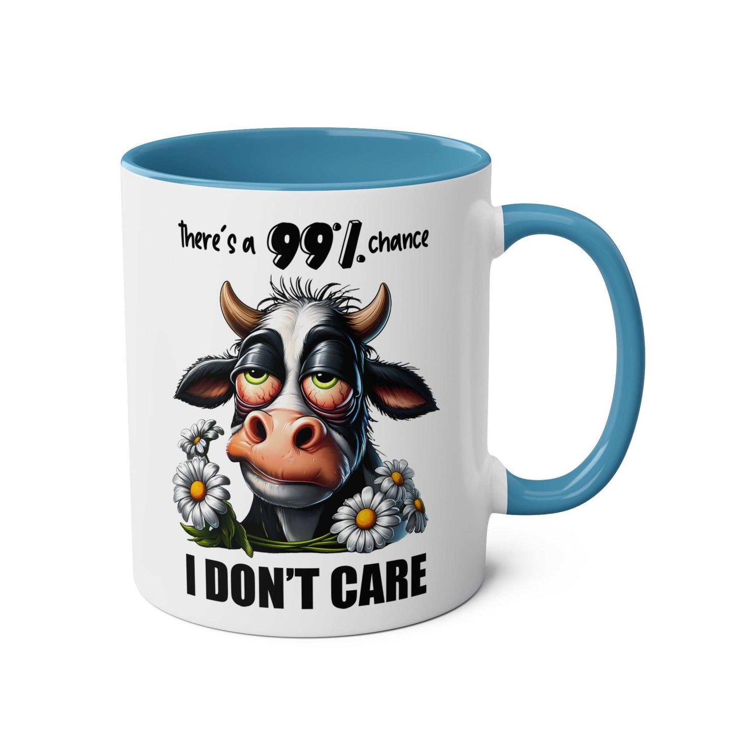 Sarky cow design "I Don't Care" coffee mug, blue interior, quirky gift.