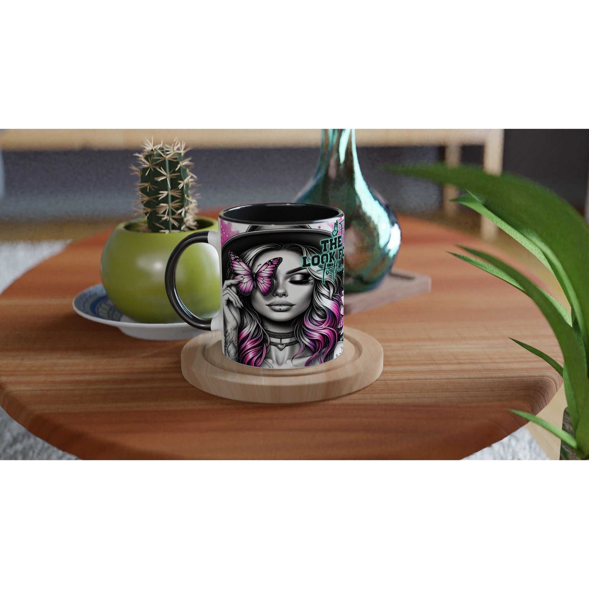 Motivational coffee mug with "Forget The Past" design, accented rim and handle, on wooden table.