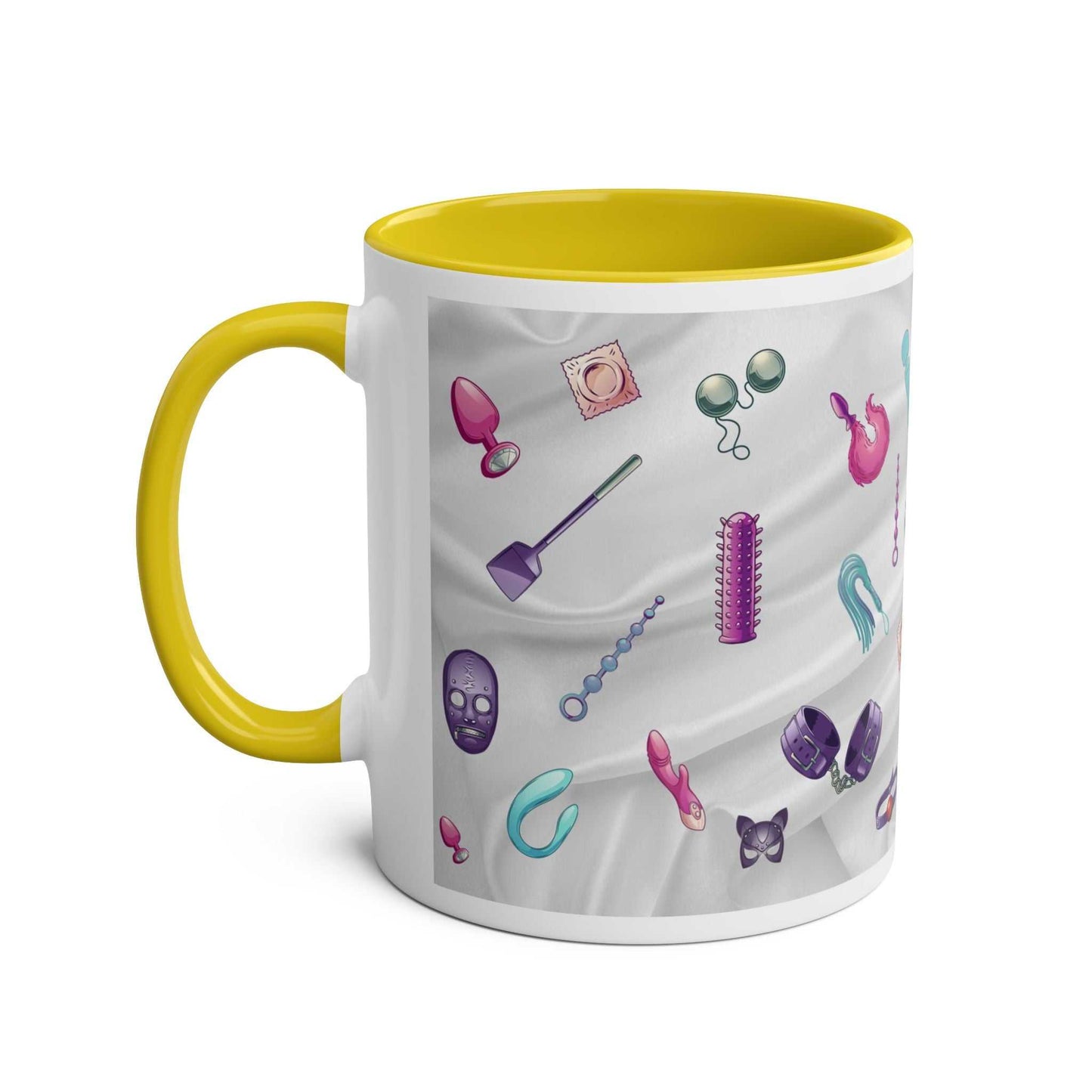 Playful design Fun Sex Toy Coffee Mug with cheeky graphics, yellow handle.