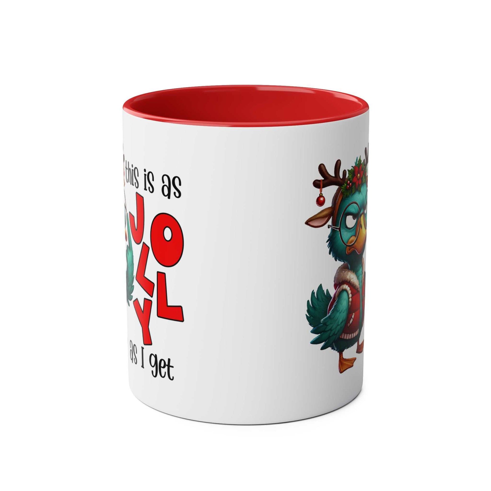 Sarky Christmas Mug with duck design and humorous twist, 11oz ceramic, available in 7 colors, dishwasher and microwave safe.