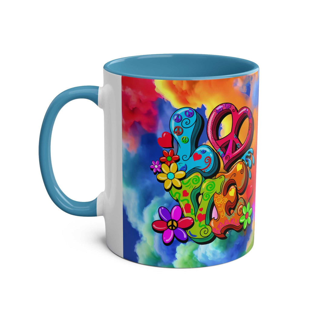 LGBTQ+ Pride Mug with vibrant rainbow design and colorful peace symbols.