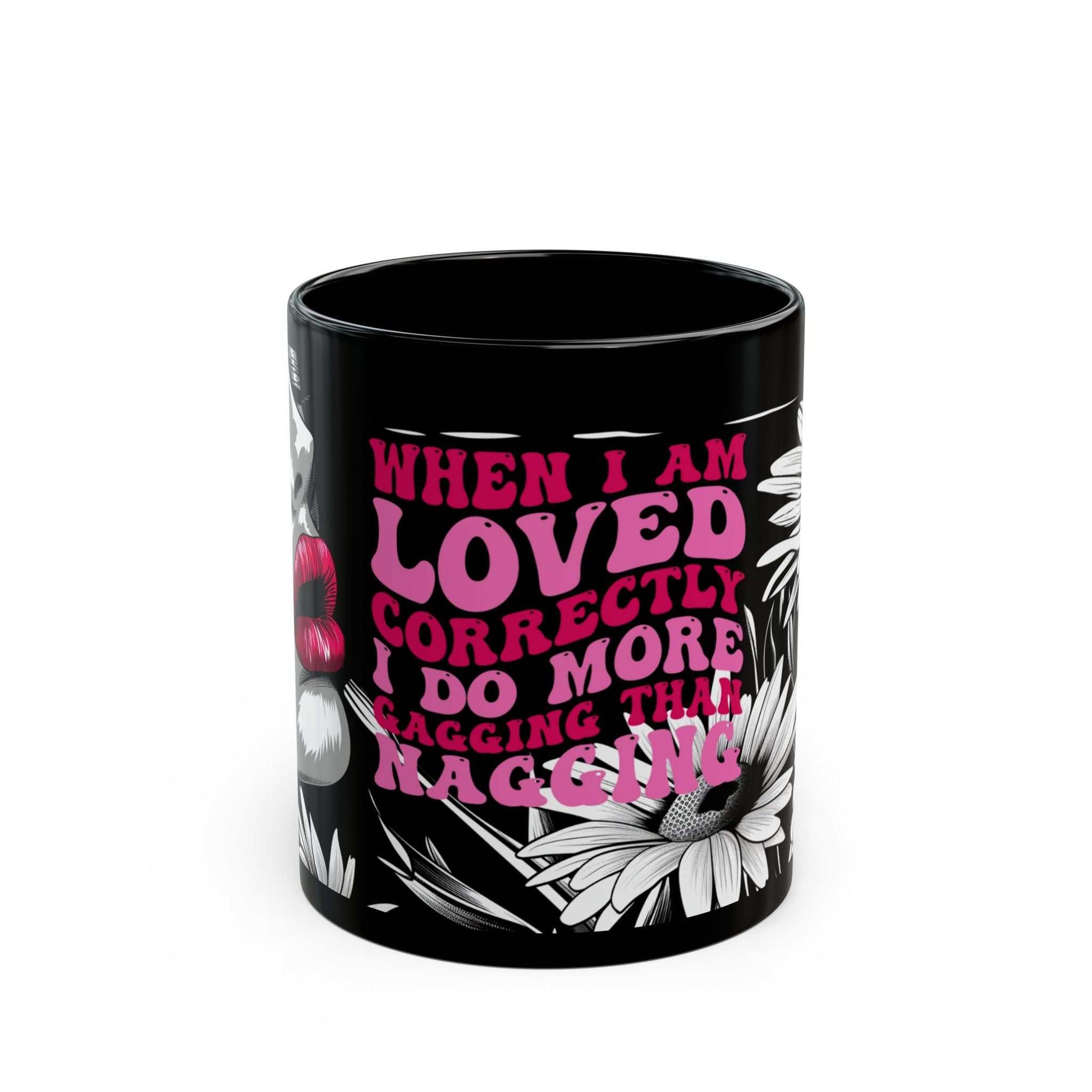 Cheeky Quote Black Ceramic Mug with playful text and floral design.