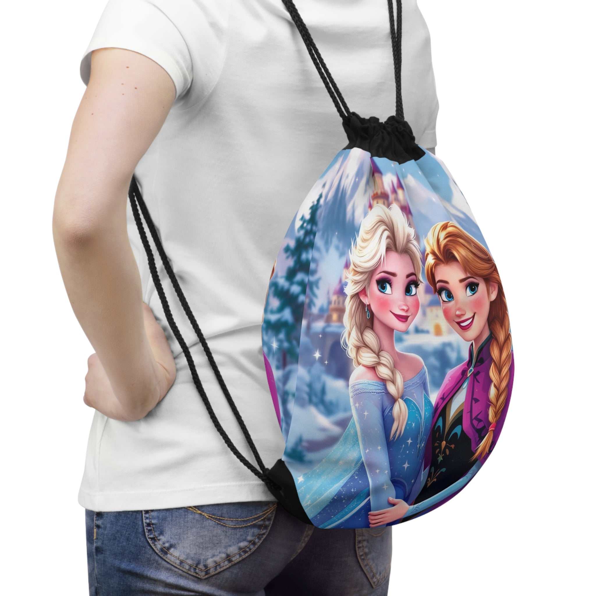 Child wearing Frozen-inspired drawstring bag with princesses and snowy winter design