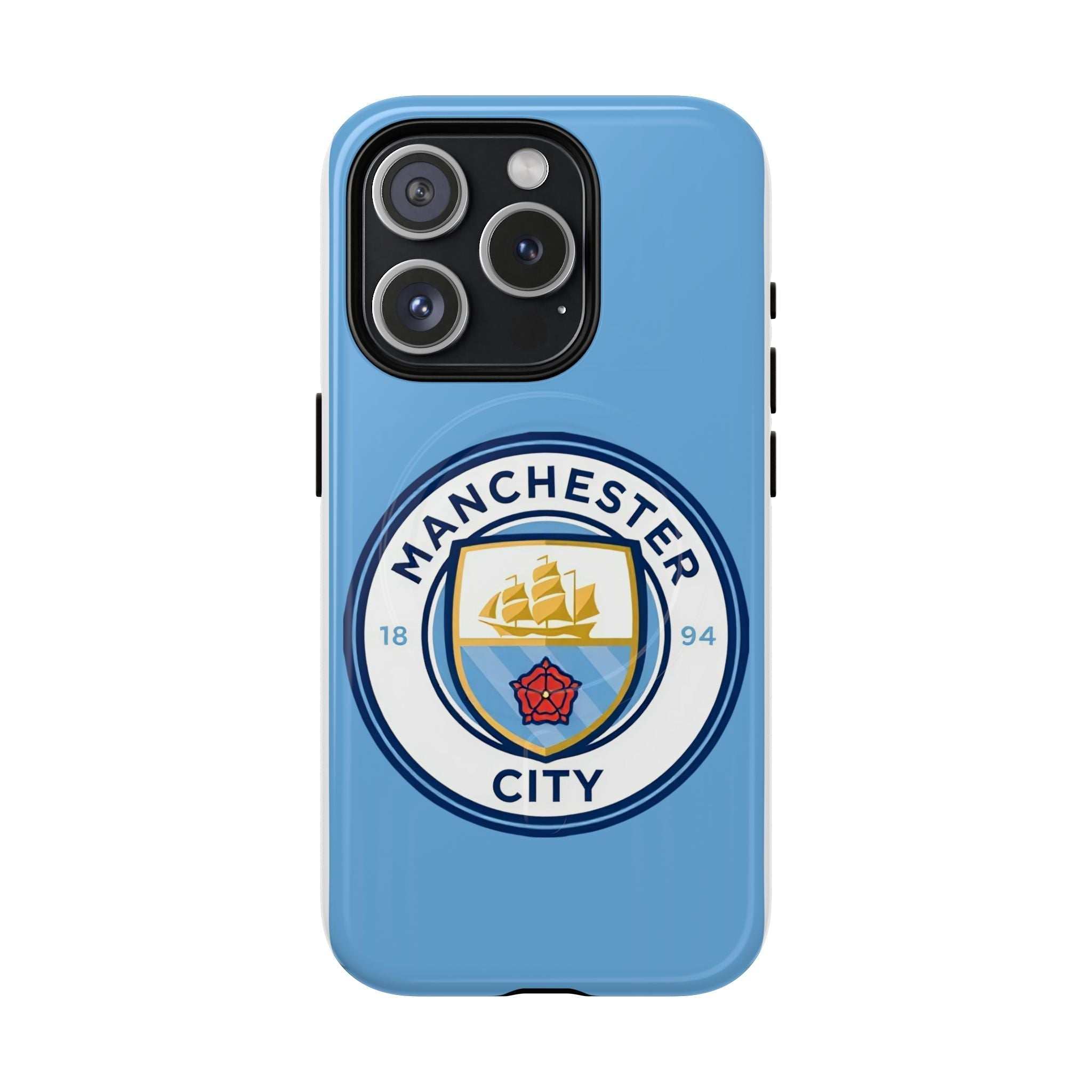 Manchester City MagSafe iPhone case with sky blue color and team logo, MagSafe compatible, shock-absorbing dual-layer protection