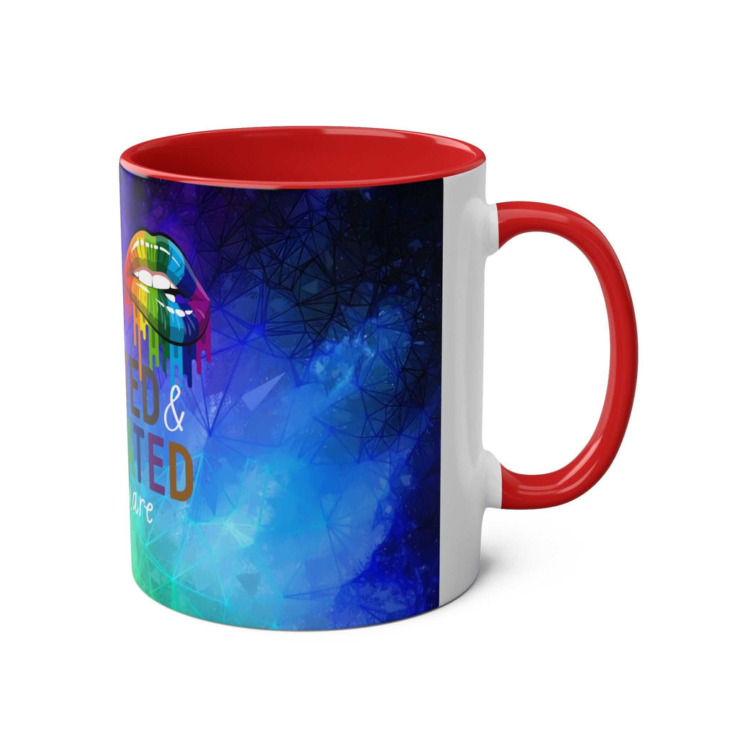 LGBTQ+ Pride mug with vibrant rainbow design and red interior.