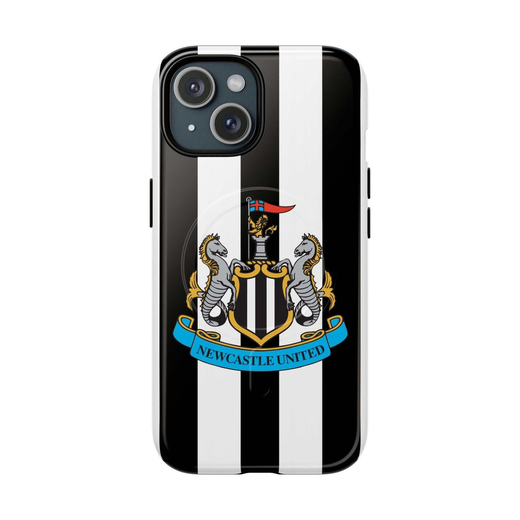 Newcastle United Magsafe iPhone Case with black and white stripes and club crest, compatible with wireless charging and durable protection