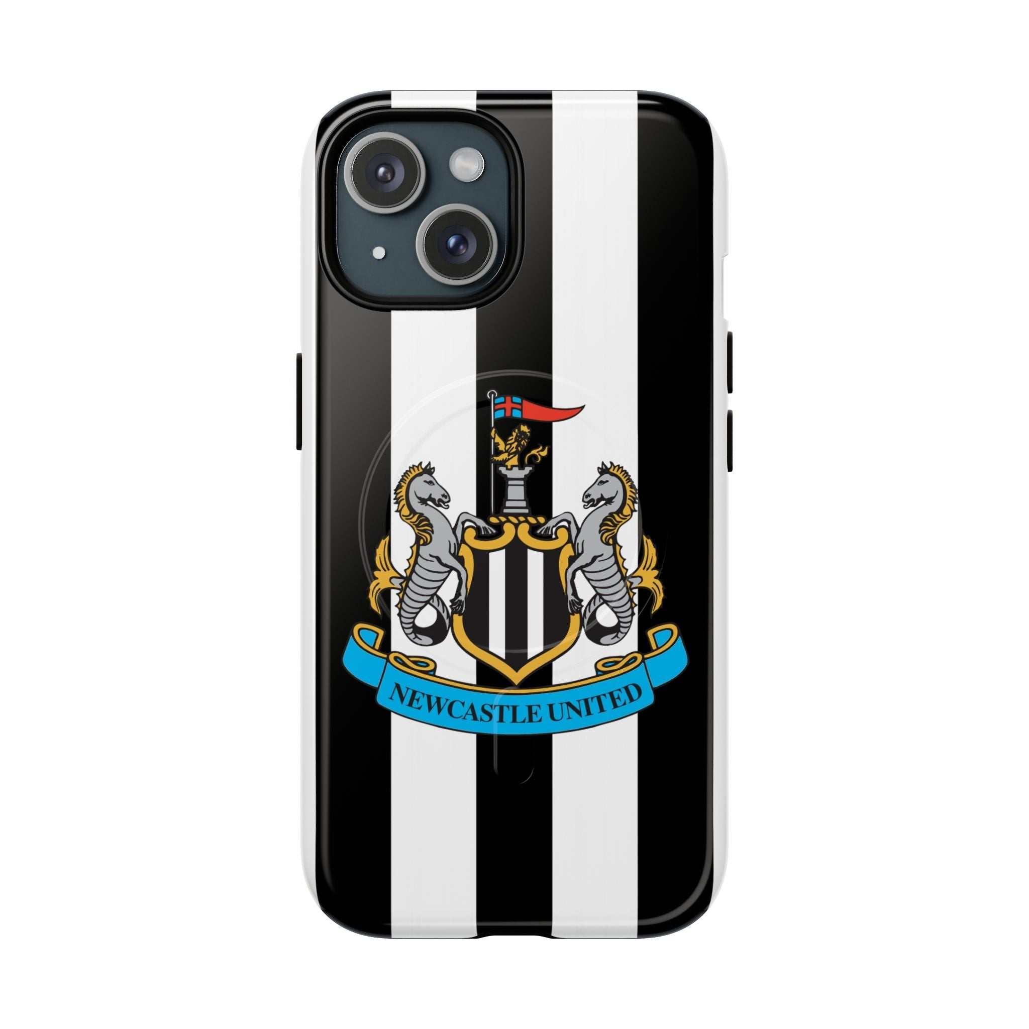 Newcastle United Magsafe iPhone Case with black and white stripes and club crest, compatible with wireless charging and durable protection