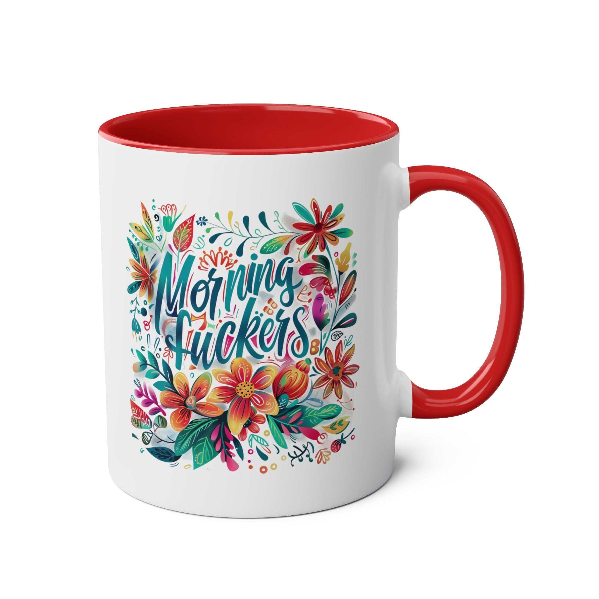 Morning Fuckers Coffee Mug with colorful floral design, red interior and handle, 11oz ceramic, cheeky and fun.