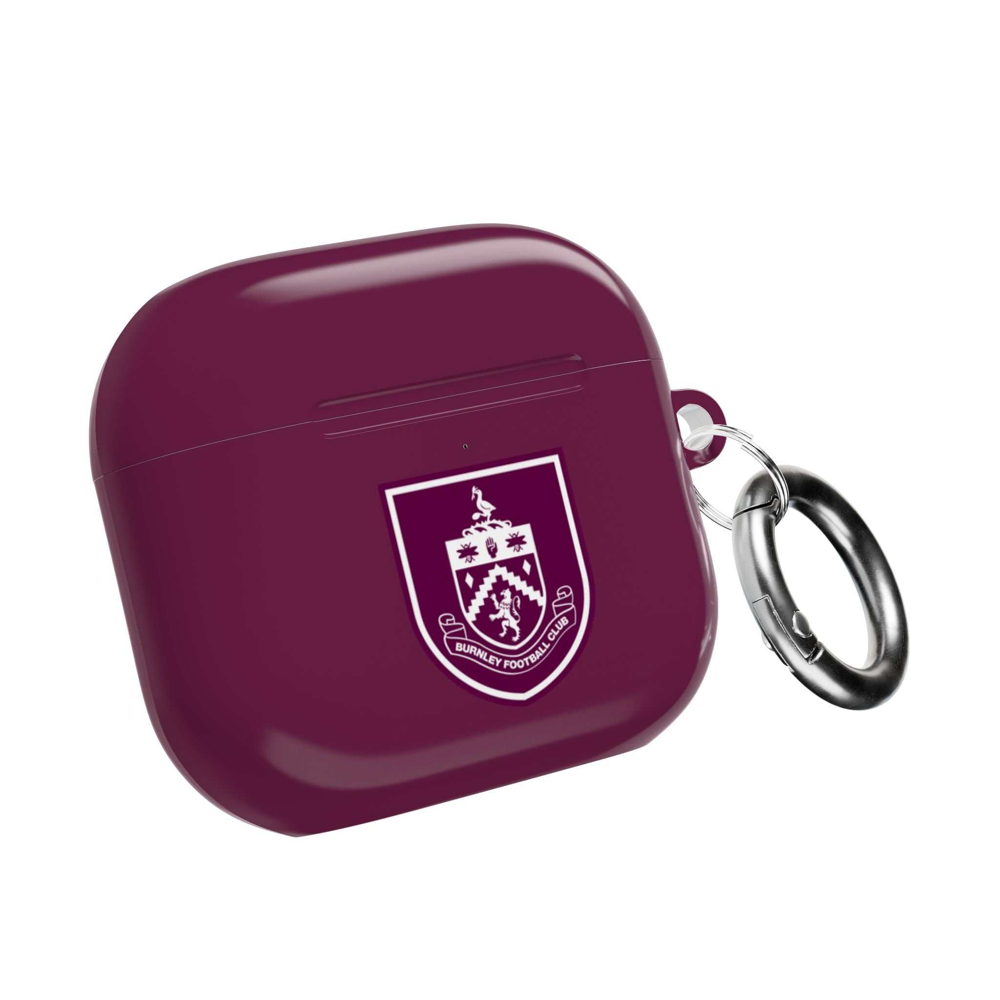Burnley FC AirPods protective case in claret with club crest and keyring, shock-resistant and compatible with wireless charging