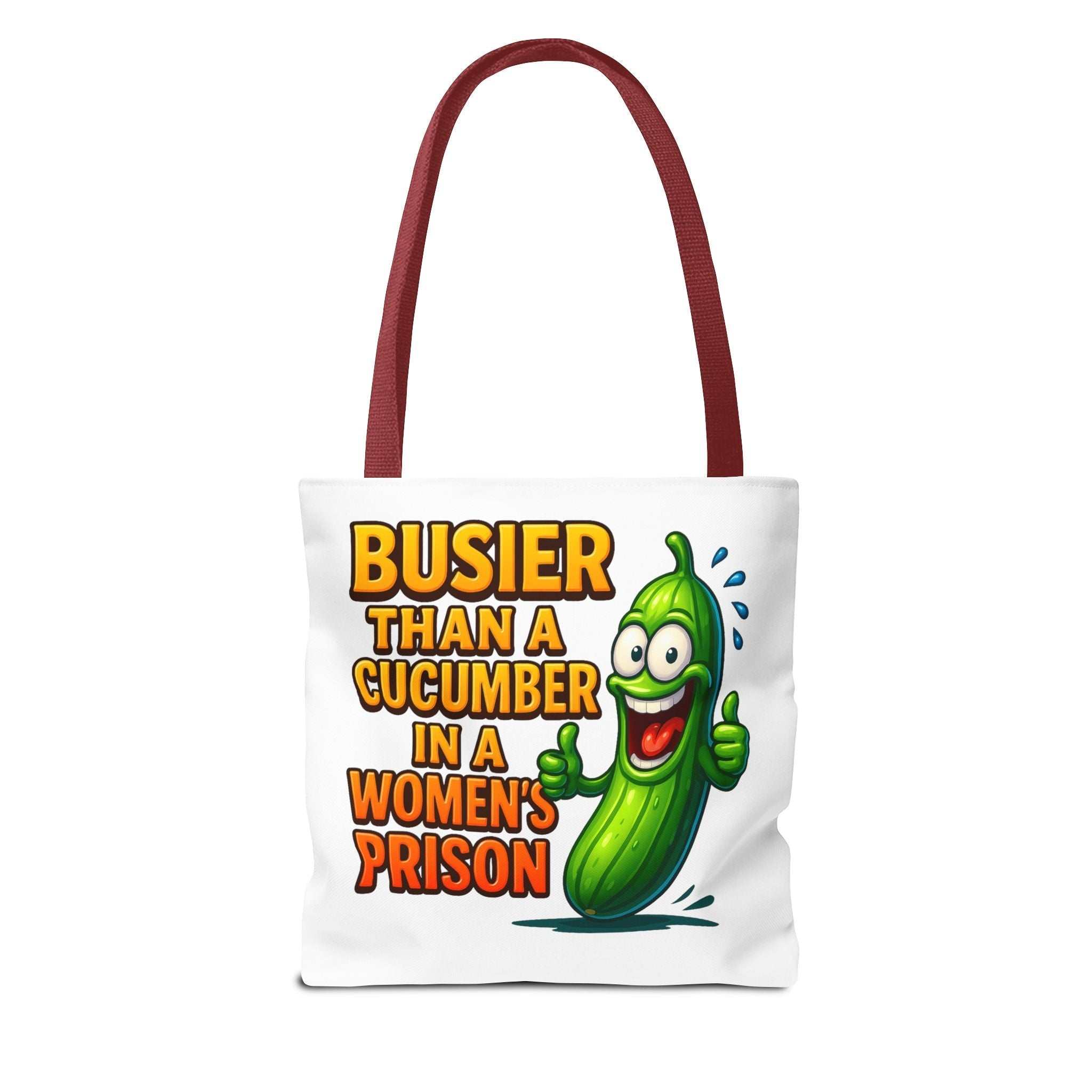Busier Than a Cucumber Tote Bag with cheeky design, durable spun polyester, multiple sizes and handle color options, perfect for daily use.