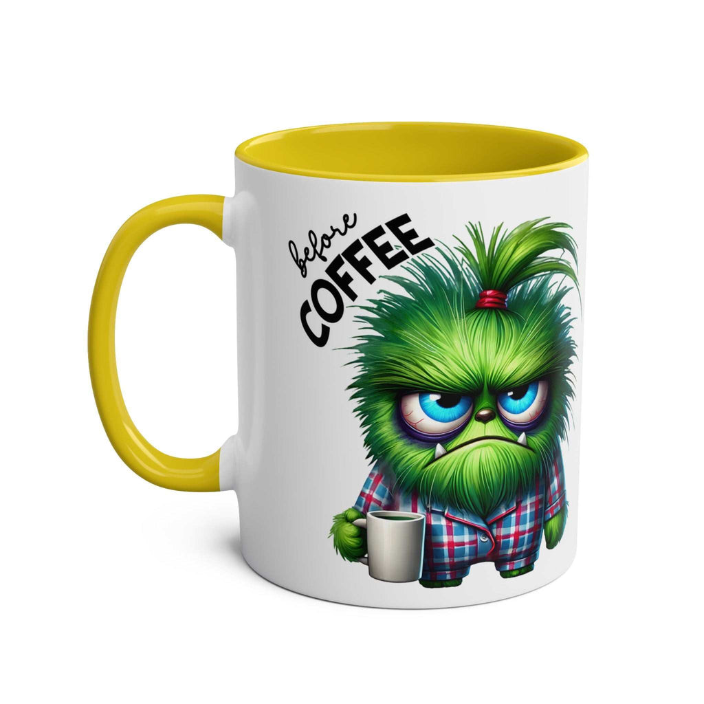 Fun Sarcastic Coffee Mug with cartoon image, yellow handle, glossy finish, 11oz ceramic.
