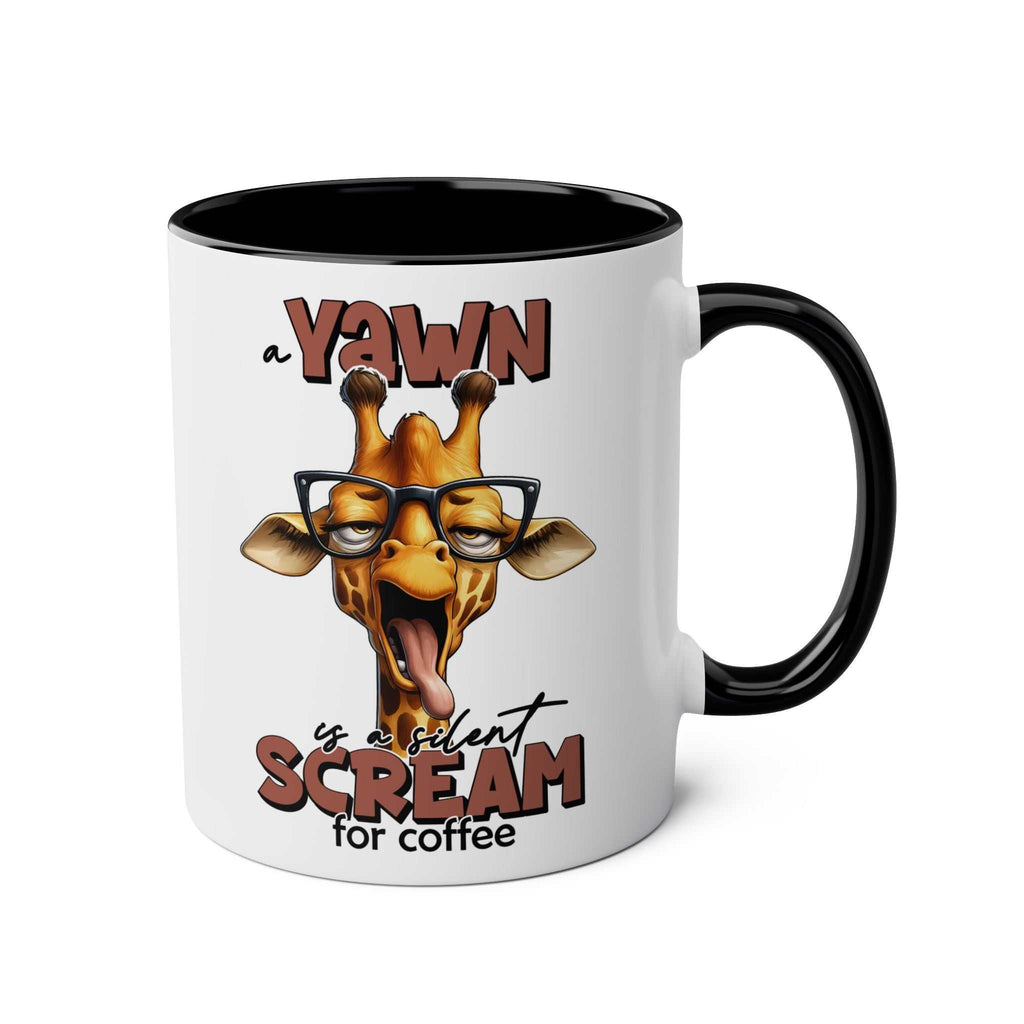 Quirky giraffe design Yawn Coffee Mug with humorous text.