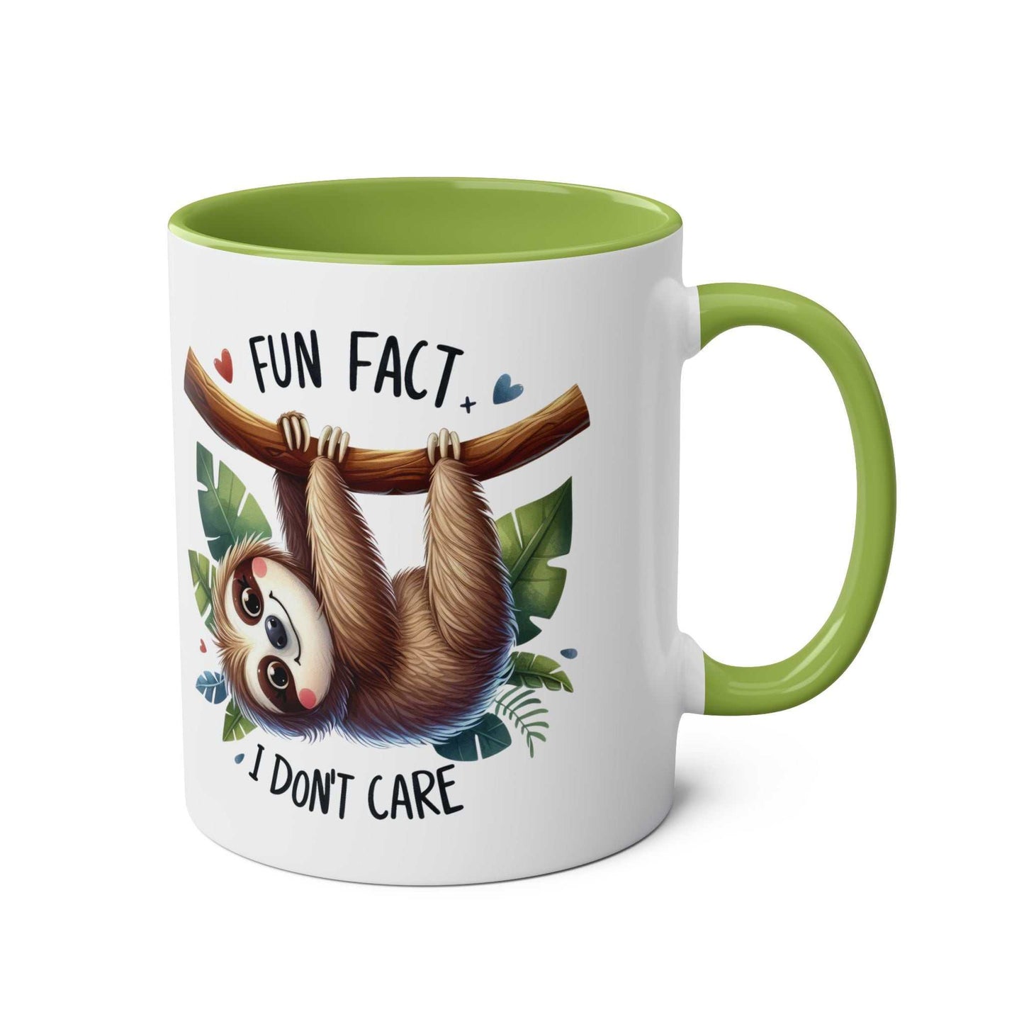 Cute sloth coffee mug with green interior, sloth design, and "Fun Fact I Don't Care" text.