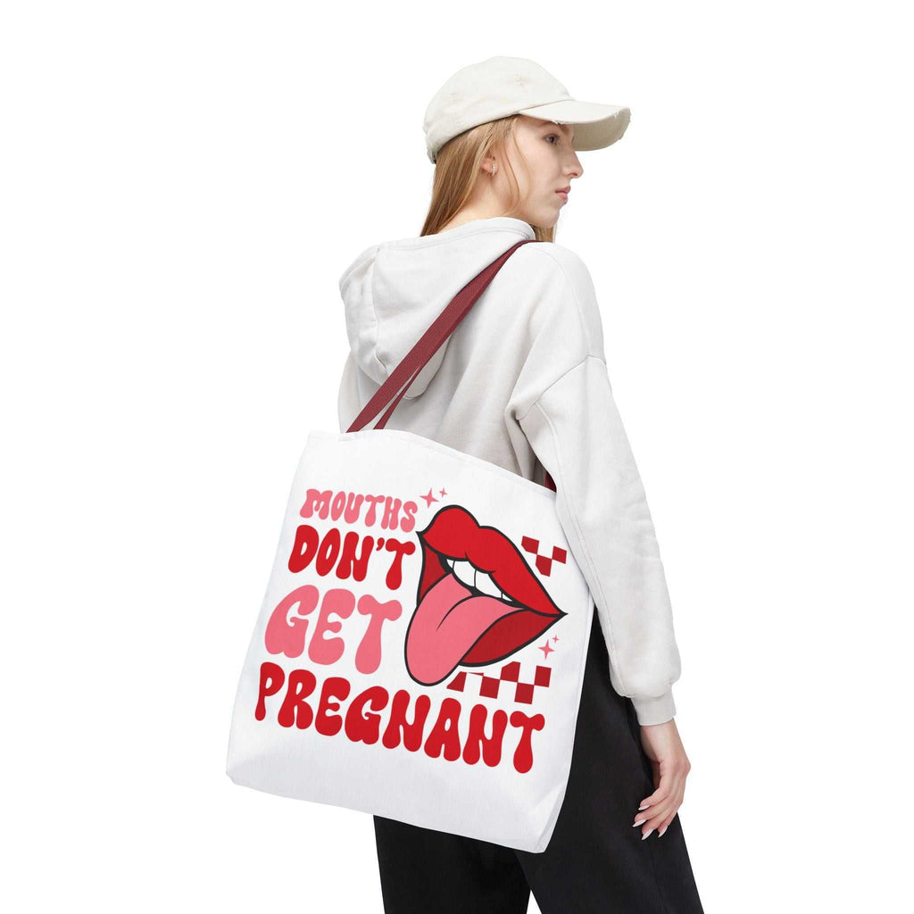 Mouths Dont Get Pregnant tote bag with cheeky design, durable spun polyester, multiple sizes and handle color options